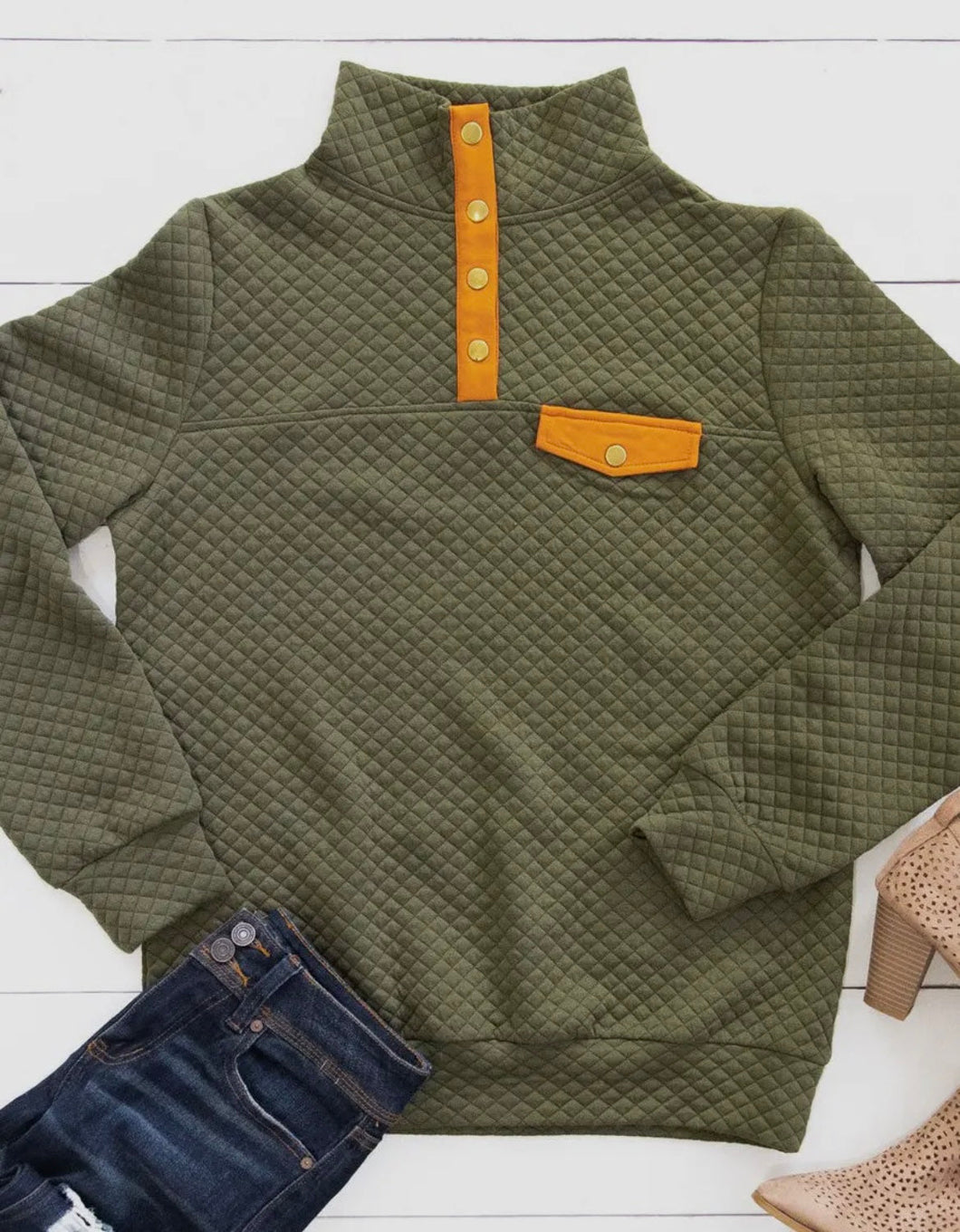 Olive Quilted Pullover Large